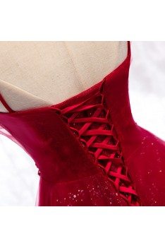 Flowy Long Tulle Sequins Burgundy Prom Dress With Straps - MYS79005