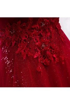 Flowy Long Tulle Sequins Burgundy Prom Dress With Straps - MYS79005