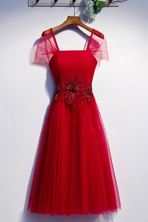 Burgundy Tea Length Tulle Special Occasion Dress With Tulle Sleeves - MYS79010