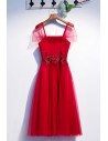 Burgundy Tea Length Tulle Special Occasion Dress With Tulle Sleeves - MYS79010