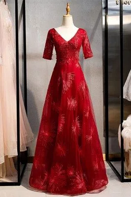 Burgundy Long Red Formal Dress Vneck With Beaded Short Sleeves - MYS79069