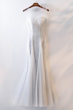 Elegant Grey Sequins Mermaid Prom Dress Tulle With Sheer Neckline - MYS68019