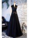 Formal Long Black Tulle Party Dress With Suit Collar - MYS68035