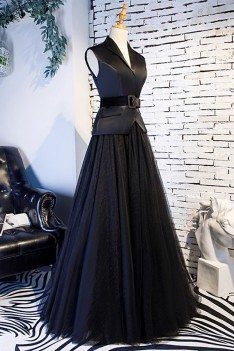 Formal Long Black Tulle Party Dress With Suit Collar - MYS68035