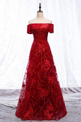 Burgundy Long Aline Off Shoulder Formal Dress With Special Lace - MYS69040