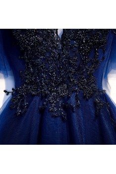 Vneck Puffy Sleeves Aline Tulle Prom Dress Blue - MYS69085