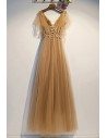 Gold Vneck Flowy Tulle Long Prom Dress With Puffy Sleeves - MYS69026