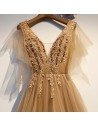 Gold Vneck Flowy Tulle Long Prom Dress With Puffy Sleeves - MYS69026