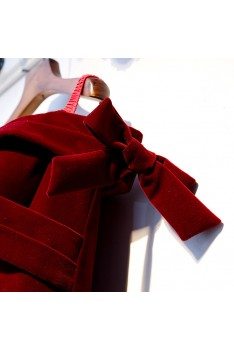Dark Red Long Party Dress Off Shoulder Velvet Dress - MYS68083