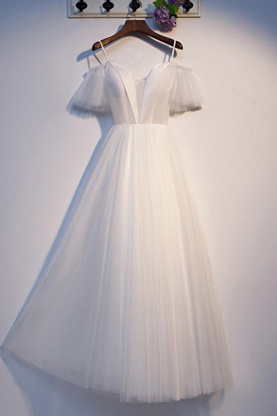 Long Tulle Aline White Formal Dress With Sleeves - MYS69059