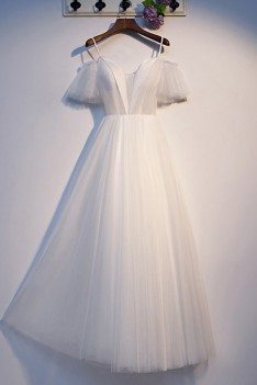 Long Tulle Aline White Formal Dress With Sleeves - MYS69059