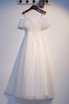Long Tulle Aline White Formal Dress With Sleeves - MYS69059