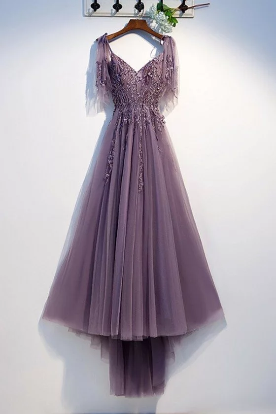 Flowy Purple Long Tulle Prom Dress With Puffy Sleeves - MYS79027