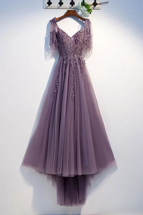 Flowy Purple Long Tulle Prom Dress With Puffy Sleeves - $128.9808 #MYS79027  