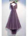 Flowy Purple Long Tulle Prom Dress With Puffy Sleeves - MYS79027