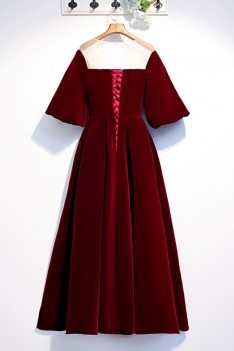 Long Formal Maroon Evening Party Dress Velvet With Sleeves - MYS79083