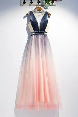 Beaded Vneck Long Flowy Tulle Ombre Pink Prom Dress With Sequins - MYS79097