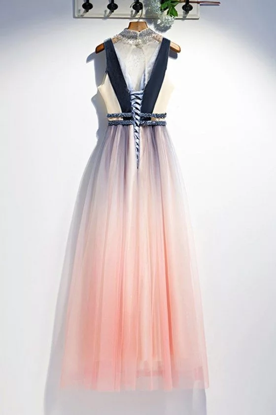 Beaded Vneck Long Flowy Tulle Ombre Pink Prom Dress With Sequins -  $114.9768 #MYS79097 - SheProm.com