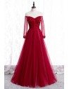 Illusion Sheer Neck Long Tulle Burgundy Prom Dress With Sleeves - MYS78032