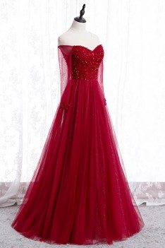 Illusion Sheer Neck Long Tulle Burgundy Prom Dress With Sleeves - MYS78032