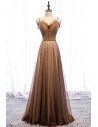 Brown Tulle Beaded Long Formal Prom Dress With Beading - MYS79024
