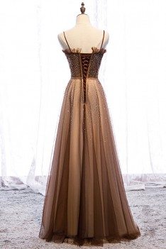 Brown Tulle Beaded Long Formal Prom Dress With Beading - MYS79024