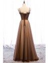 Brown Tulle Beaded Long Formal Prom Dress With Beading - MYS79024