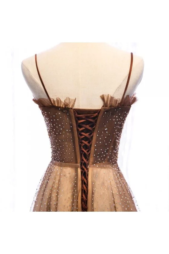 Brown Tulle Beaded Long Formal Prom Dress With Beading - $136.98 #MYS79024  - SheProm.com