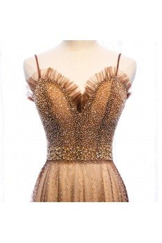 Brown Tulle Beaded Long Formal Prom Dress With Beading - MYS79024