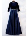 Modest Blue Long Formal Dress With Beaded Collar And Waist - MYS68046