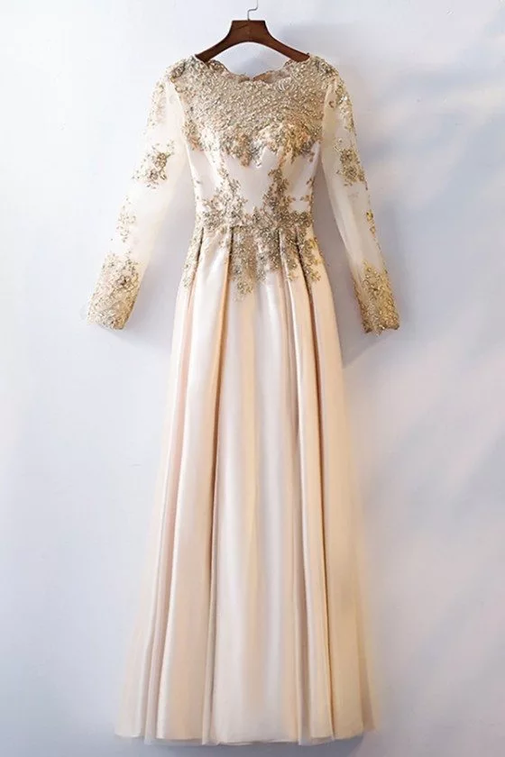 Unique Champagne Gold Aline Long Formal Dress With Beaded Long Sleeves - MYS68021
