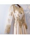Unique Champagne Gold Aline Long Formal Dress With Beaded Long Sleeves - MYS68021