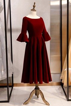 French Retro Tea Length Velvet Party Dress With Flare Sleeves - MYS79074