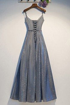 Silver Sparkly Long Prom Party Dress Aline With Straps - MYS69022