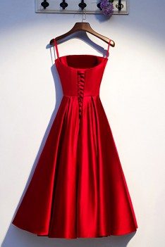 Red Satin Pleated Satin Party Dress With Straps - MYS67032