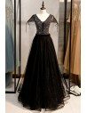 Long Formal Black Tulle Beaded Party Dress With Cap Sleeves - MYS78057