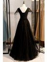 Long Formal Black Tulle Beaded Party Dress With Cap Sleeves - MYS78057