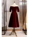 Velvet Maroon Retro Tea Length Party Dress With Off Shoulder Sleeves - MYS79070