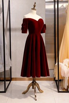 Velvet Maroon Retro Tea Length Party Dress With Off Shoulder Sleeves - MYS79070