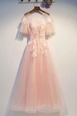 Cute Lace Blush Pink Prom Dress Aline With Sheer Neck Puffy Sleeves - MYS69023