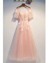Cute Lace Blush Pink Prom Dress Aline With Sheer Neck Puffy Sleeves - MYS69023