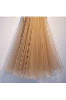 Luxe Champagne Gold Long Tulle Prom Dress With Beading - MYS69061