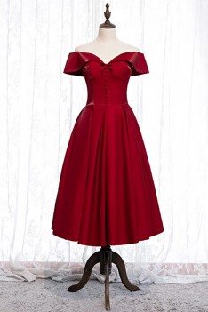 Burgundy Off Shoulder Tea Length Party Dress With Buttons - MYS78010
