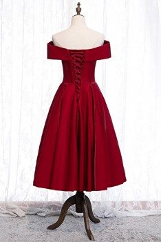 Burgundy Off Shoulder Tea Length Party Dress With Buttons - MYS78010