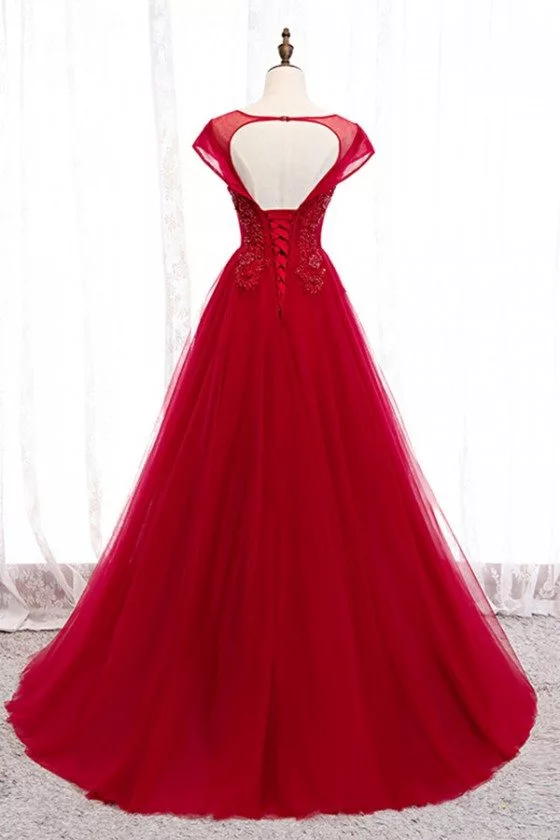 Burgundy Flowy Long Tulle Ballgown Formal Dress With Cap Sleeves 142