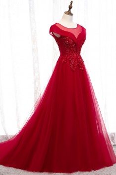 Burgundy Flowy Long Tulle Ballgown Formal Dress With Cap Sleeves - MYS79018