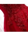 Burgundy Flowy Long Tulle Ballgown Formal Dress With Cap Sleeves - MYS79018