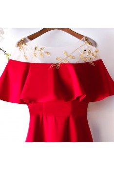 Formal Long Burgundy Simple Party Dress With Beaded Sheer Neckline - MYS68005