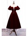 French Romantic Tea Length Party Dress Maroon With Sleeves - MYS79020