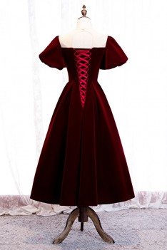 French Romantic Tea Length Party Dress Maroon With Sleeves - MYS79020